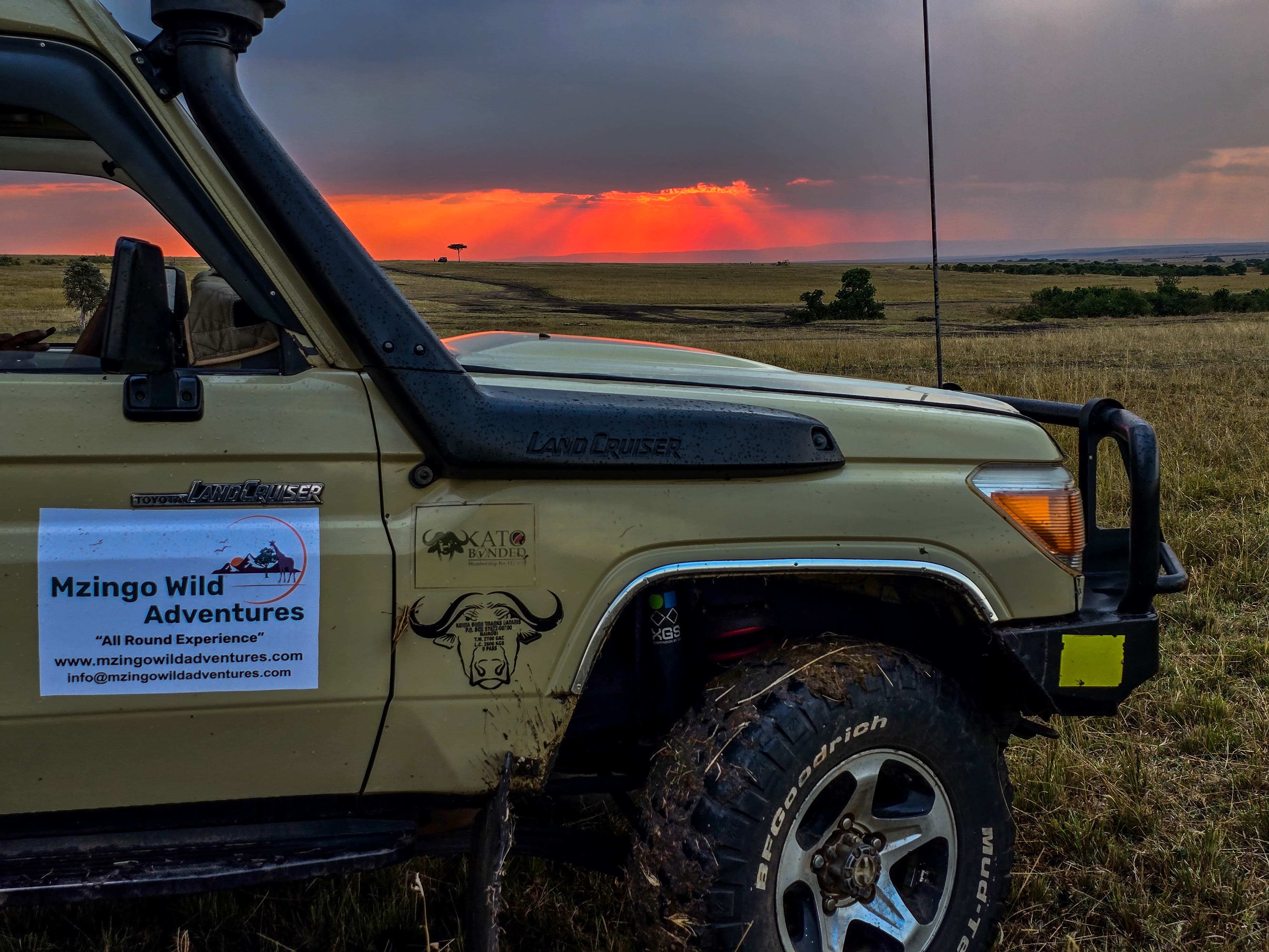 A branded Mzingo safari vehicle against a dramatic sunset