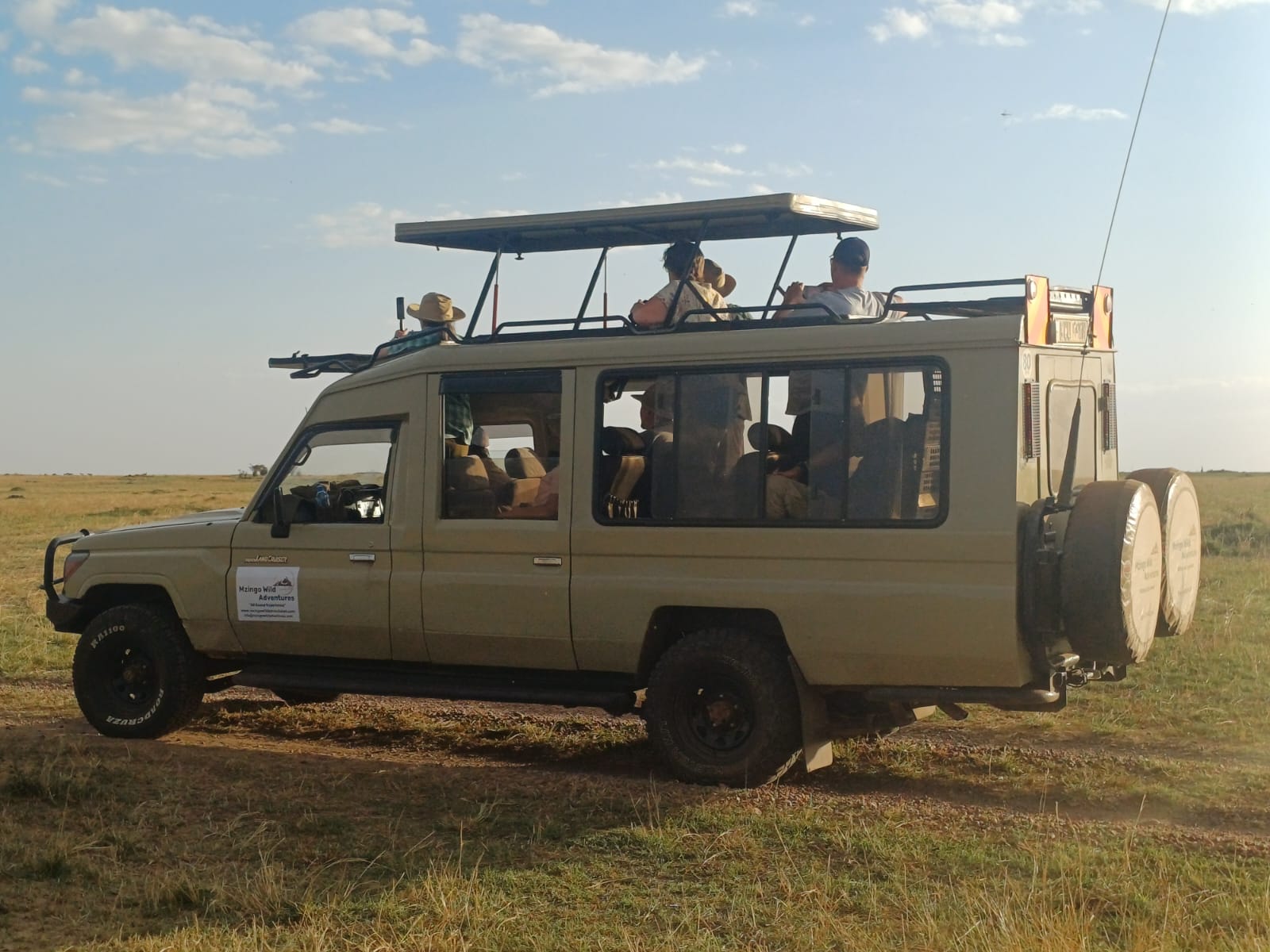 Guests taking in the view from the pop-up roof of a Mzingo safari vehicle